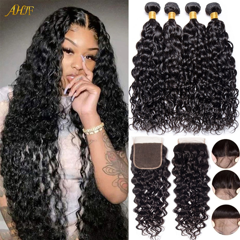 Malaysian Water Wave Bundles with Closure Wet and Wavy Curly Human Hair Bundles with Closure 4x4 Lace Remy Hair Extensions AHJF - your-beauty-matters