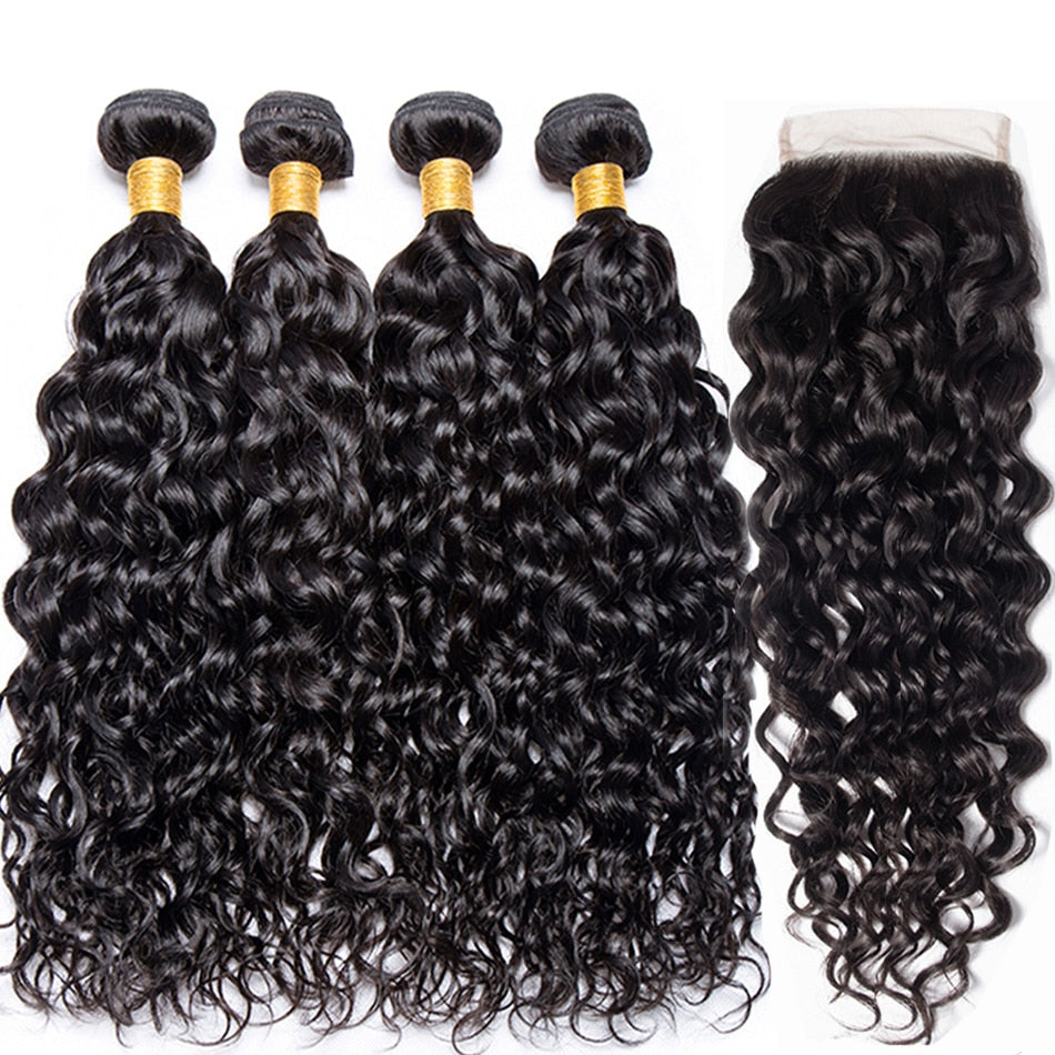 Malaysian Water Wave Bundles with Closure Wet and Wavy Curly Human Hair Bundles with Closure 4x4 Lace Remy Hair Extensions AHJF - your-beauty-matters