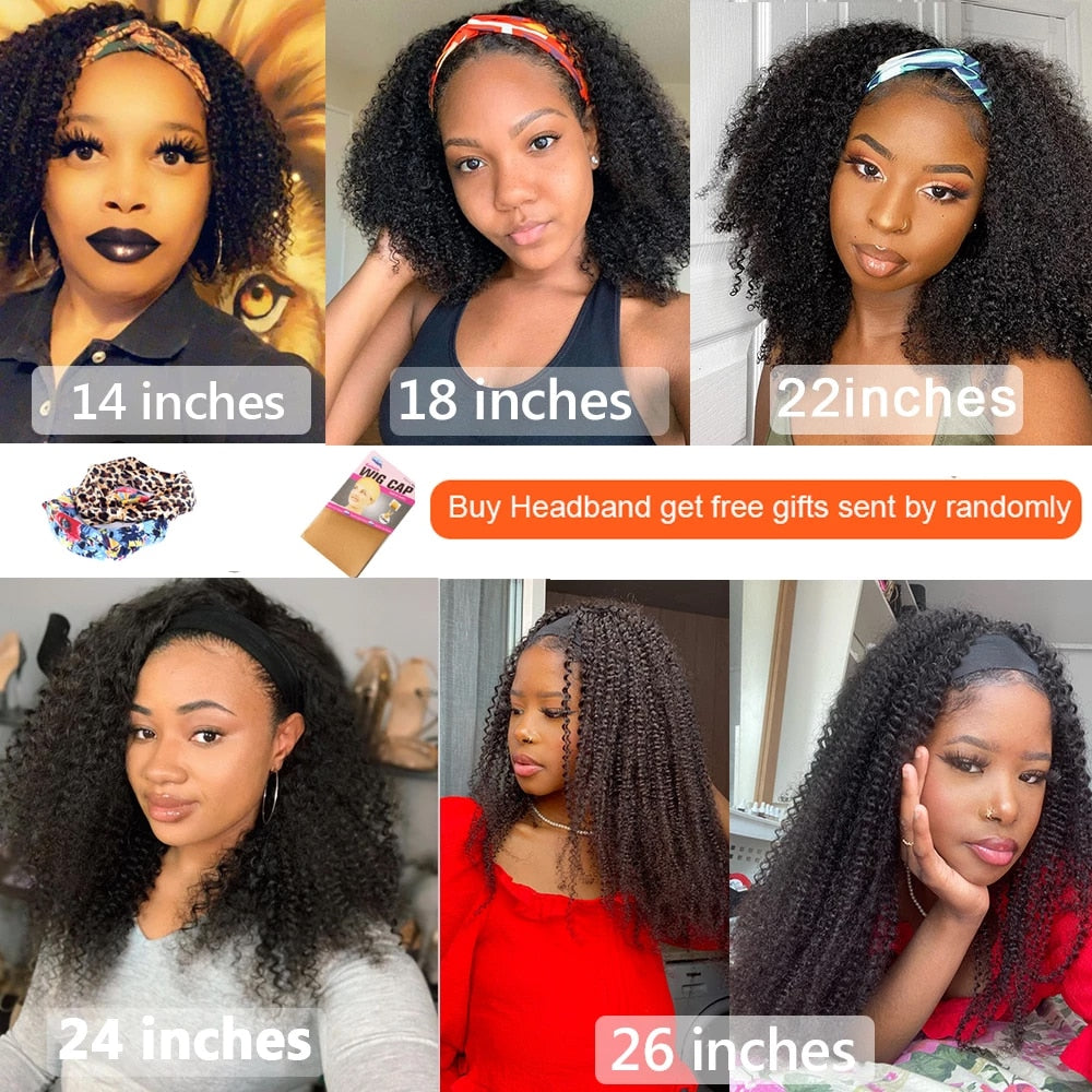 Afro Kinky Human Hair Headband Wigs 180% Density  Glueless Free Headband-Hair Color - #1