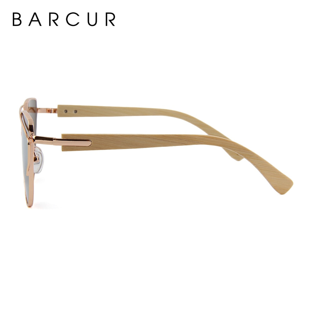 BARCUR Bamboo Cat Eye Sunglasses with Polarized Metal Frame