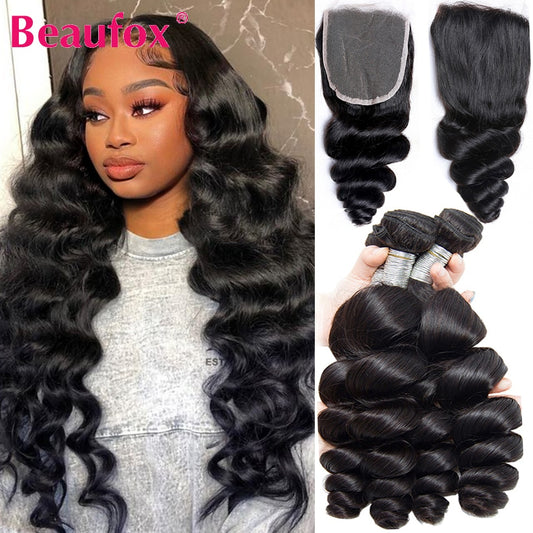 Beaufox Loose Wave Human Hair Bundles With Closure