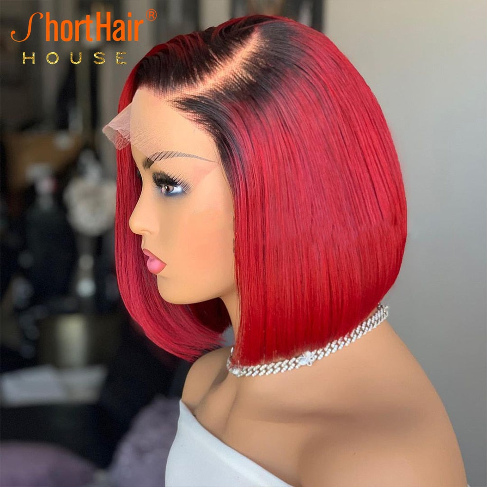 Straight Black Red Color Pixie Cut Wig Short Bob Wigs , Hair Color - 1b red color