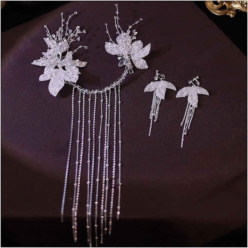 White Bridal Crystal and Gauze Headdress with Earrings