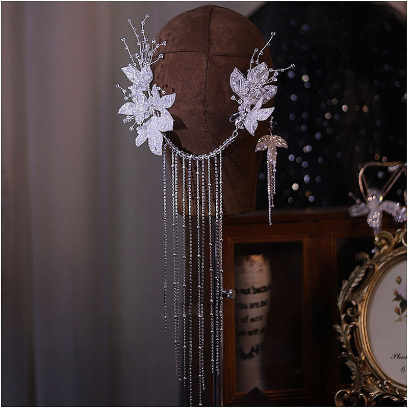 White Bridal Crystal and Gauze Headdress with Earrings