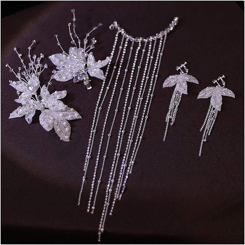 White Bridal Crystal and Gauze Headdress with Earrings