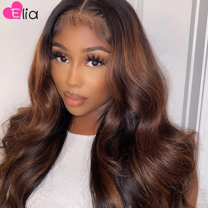 Elia 13x4 Body Wave Highlight Brown Human Hair Lace  Wigs