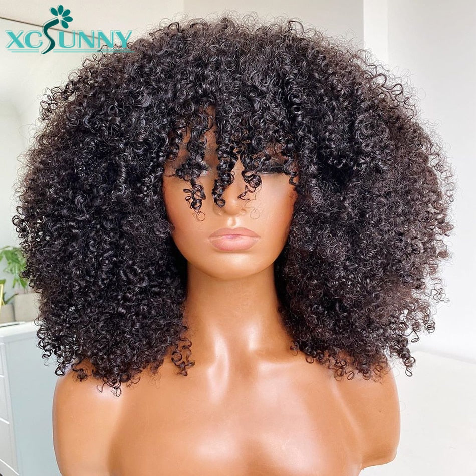 Xcsunny Afro Kinky Curly Wig With Bangs Full Machine Made Scalp - your-beauty-matters