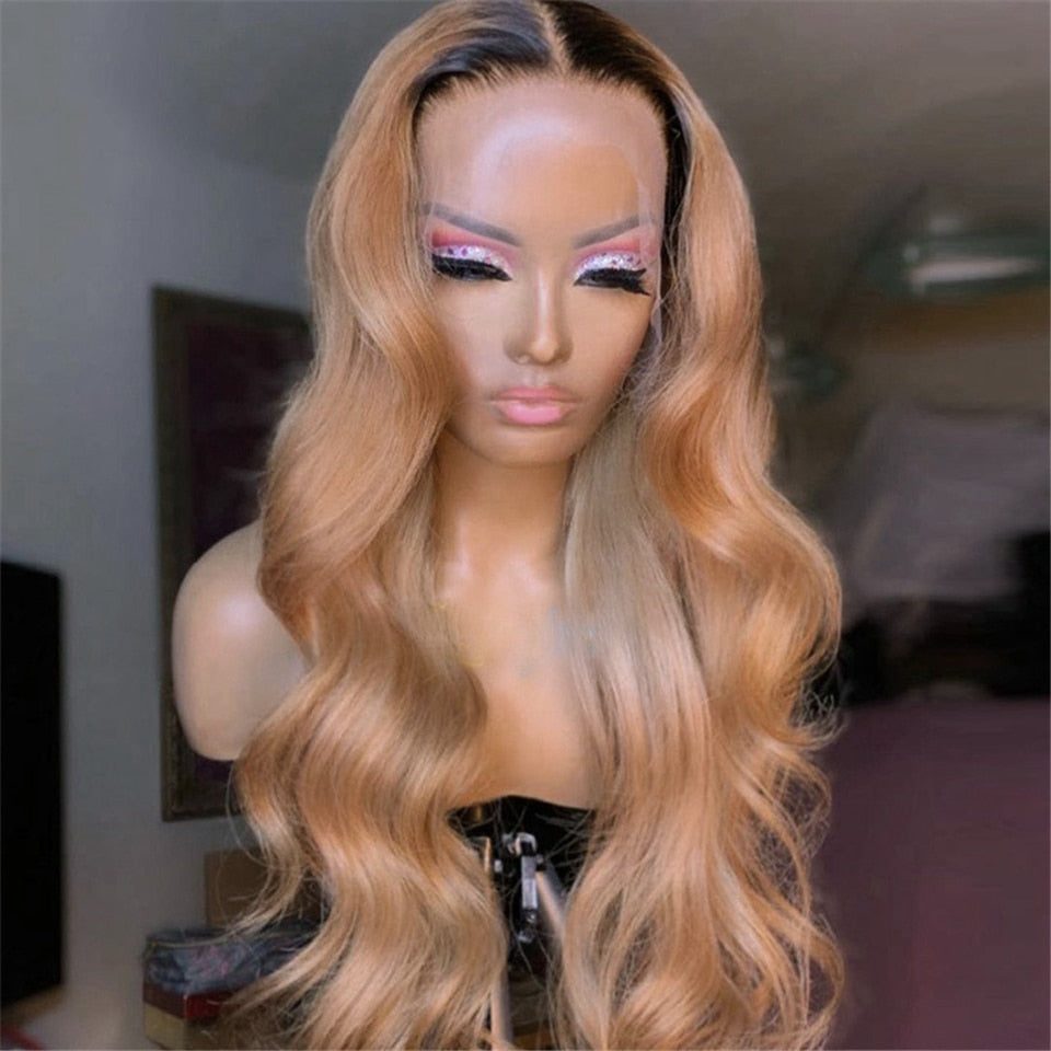 Honey Blonde Ombre Blonde Human Hair Wigs 1B27 Wavy Lace Front Wig 180% Density - your-beauty-matters