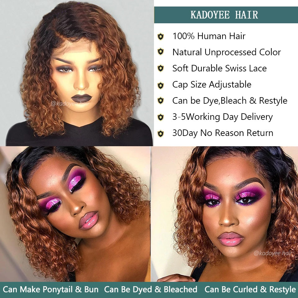 Kadoyee Brazilian Highlight Curly Bob Wig Deep Wave Lace Front - your-beauty-matters