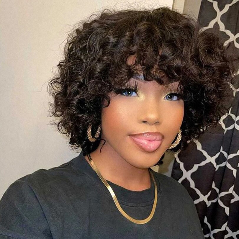 Funmi Human Hair Wig With Bangs Full Machine Made Deep Wave Short Egg Rose Curly For Black Women Water Virgin Brazilian PixieCut - your-beauty-matters