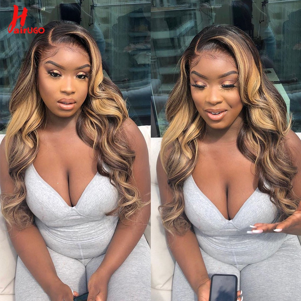 HairUGo P4/27 Highlight Body Wave Lace Closure Human Hair Wig With Baby Hair Brazilian 12-28'' Remy T Part Lace Wig Pre Plucked - your-beauty-matters