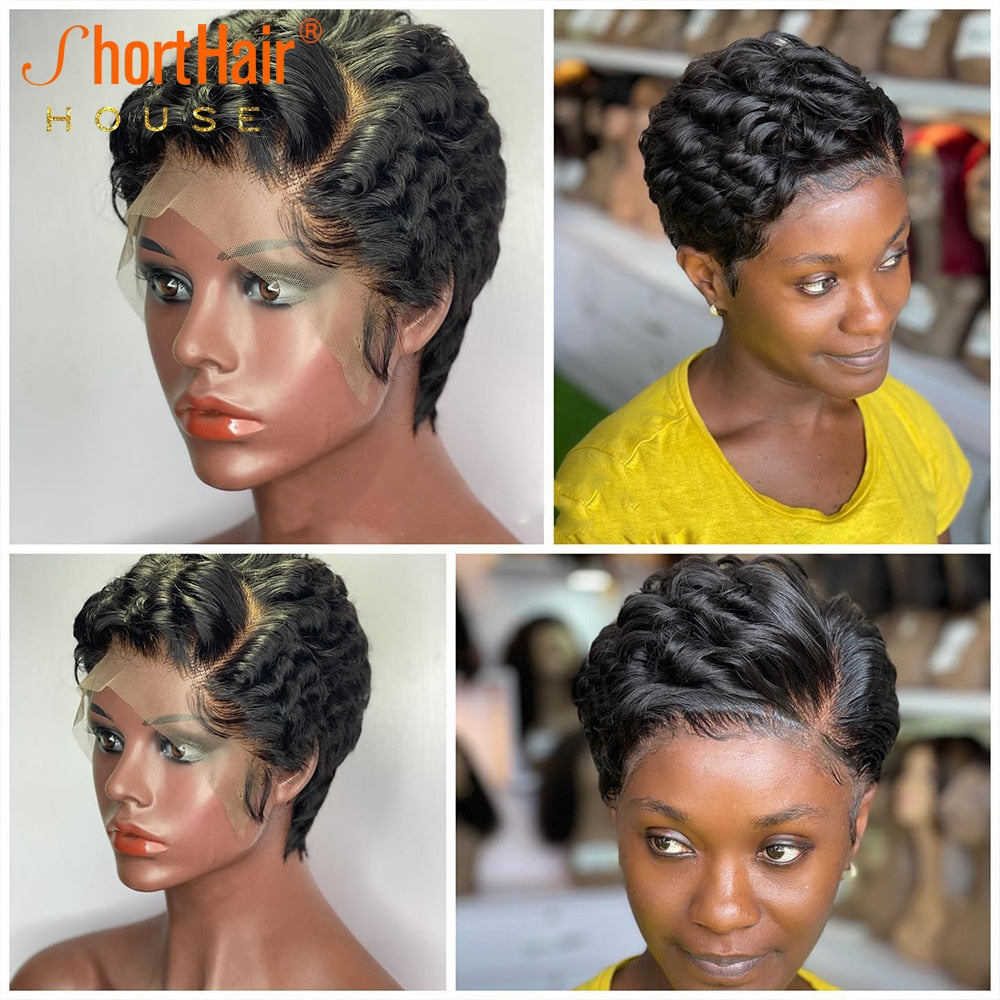 Highlight Colored Short Pixie Cut Bob Body Wave Human Hair Wigs - Transparent T Part Lace