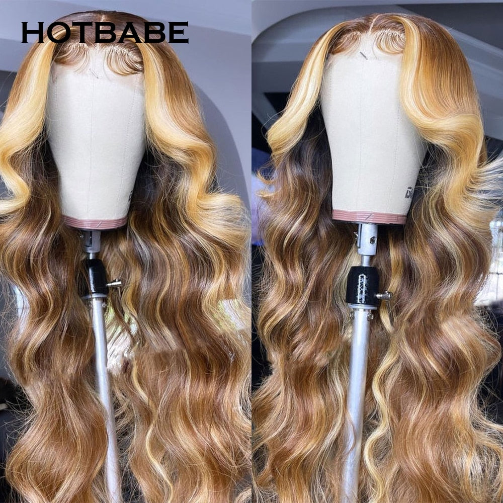 Honey Blonde Highlight Transparent Lace Front Human Hair Wig - Ombre Body Wave Lace Frontal Wig