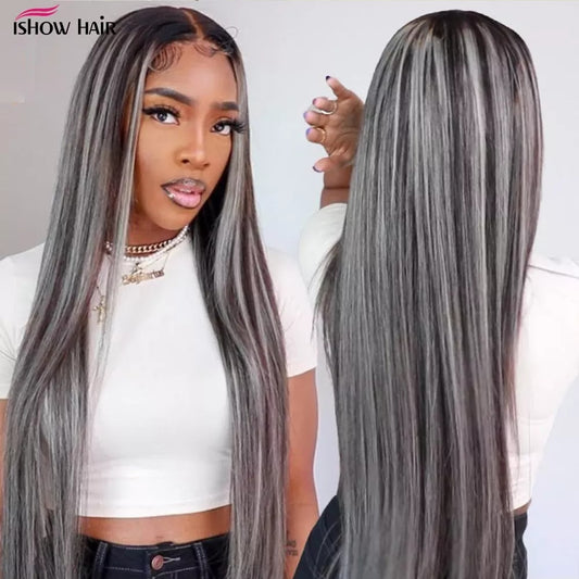 Grey Highlight Wig Human Hair Wigs Ombre 13x4 Straight Lace Front Wig - 30 Inch Hd Lace