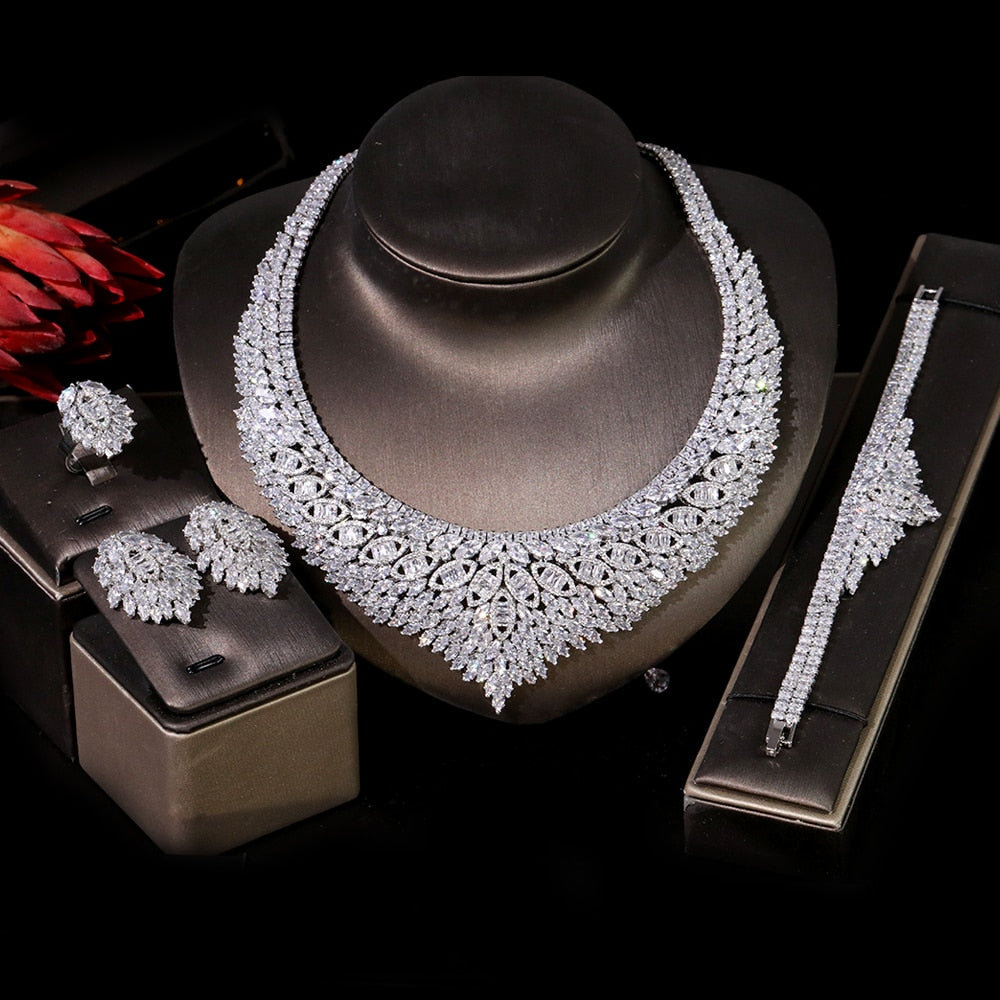 Luxury Necklace, Bracelet, Earrings, Ring 4 Pieces And Crown - Bridal Wedding Accessories - Jewelry Sets