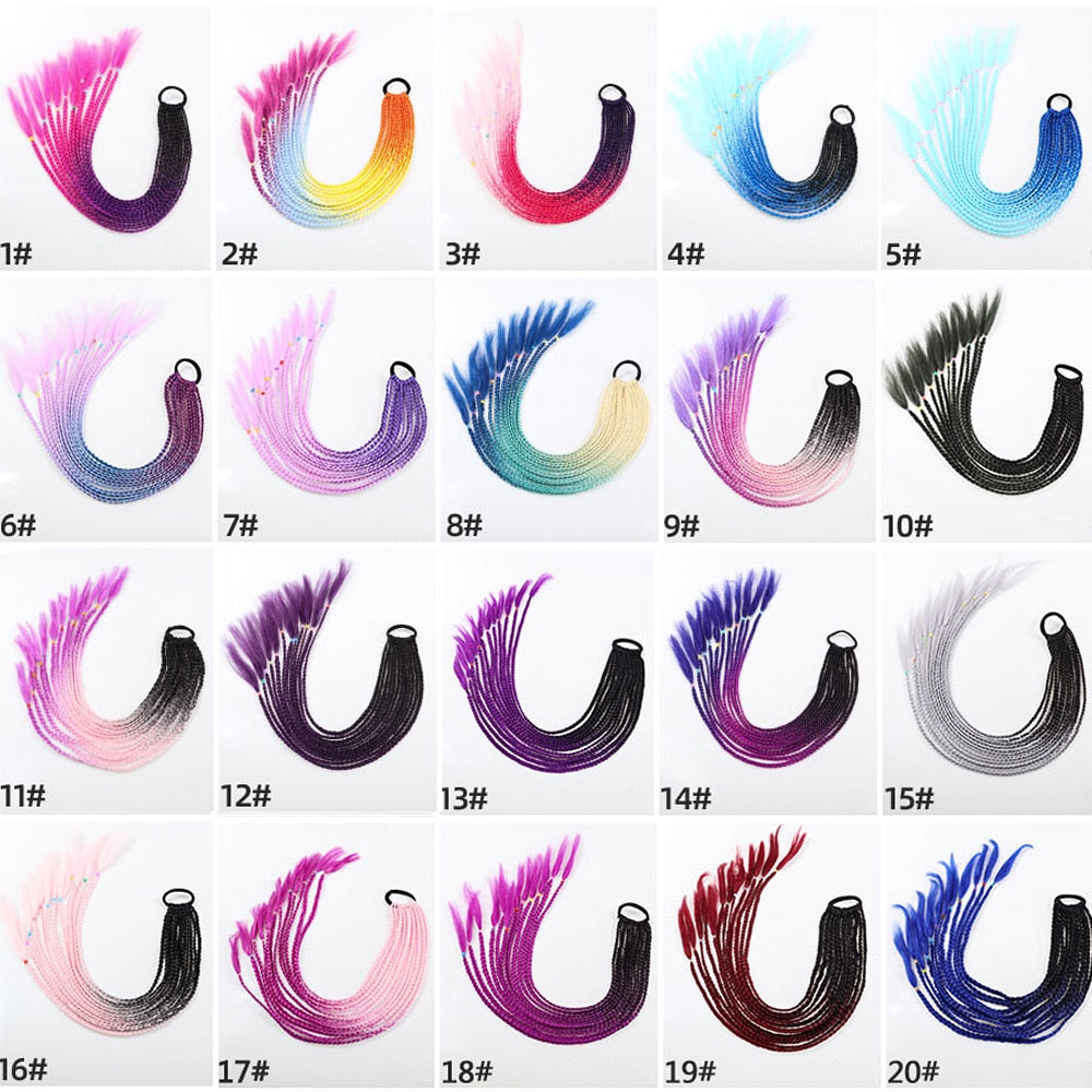 24inch Overhead Synthetic Colored Rainbow Ponytail with Elastic Band - False Hair Box Braids Pony Tail