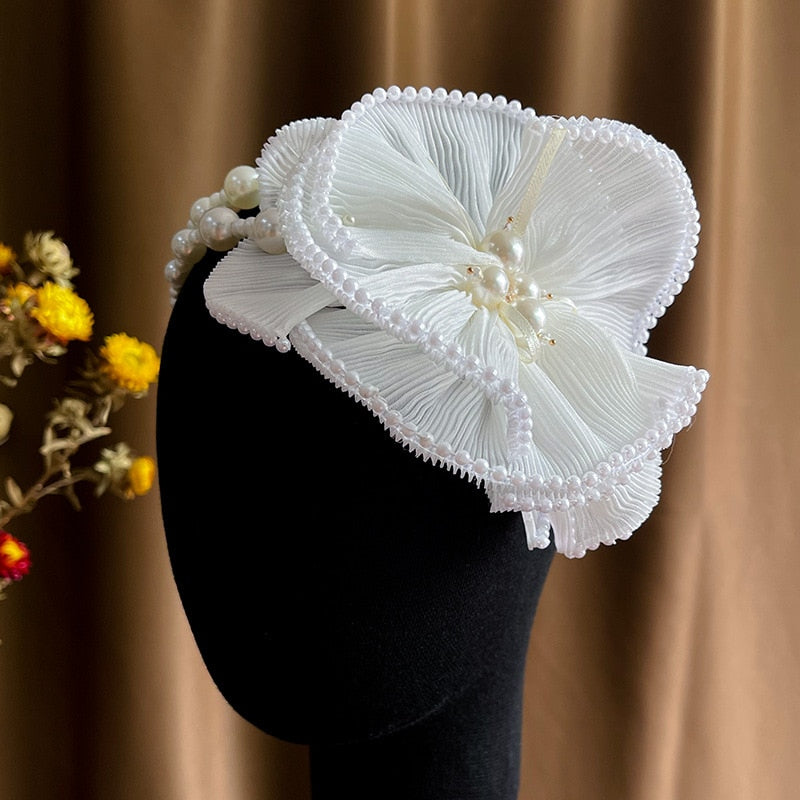 Pleated Oversized Flower Pearl Headband French-style Bridal Headwear