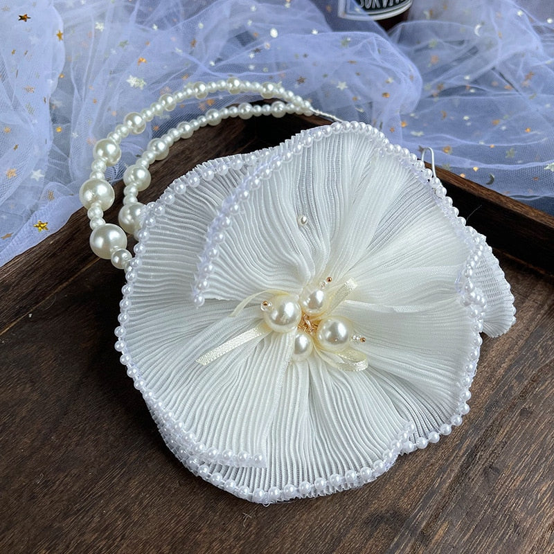 Pleated Oversized Flower Pearl Headband French-style Bridal Headwear