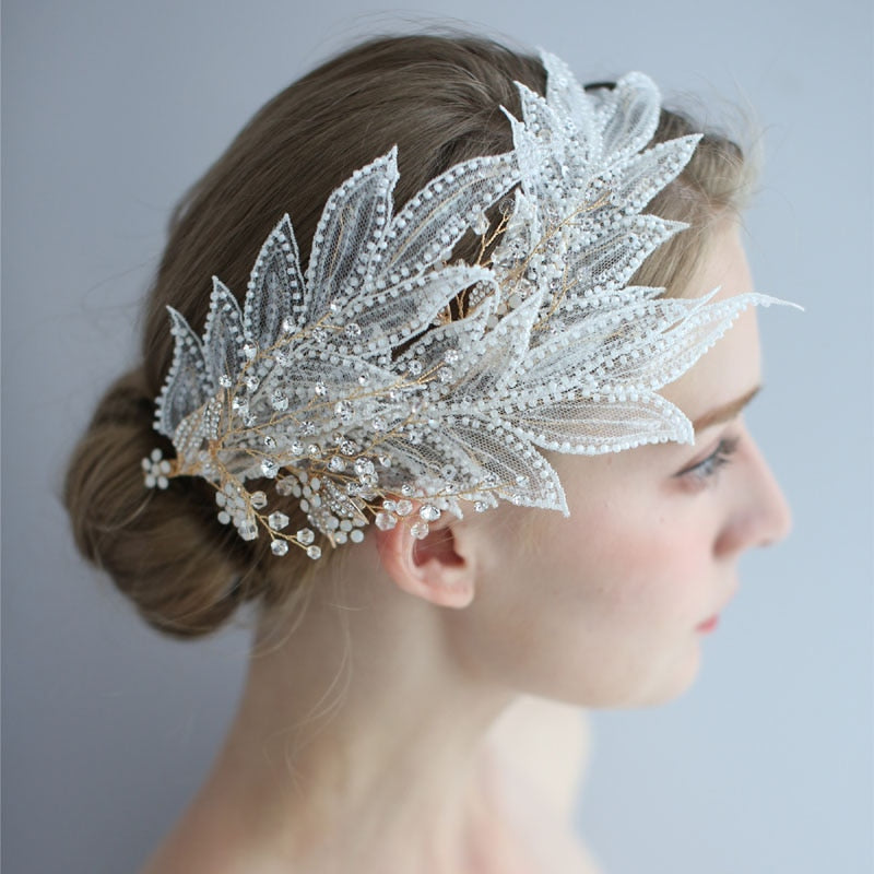 SLBRIDAL Handmade Crystal Rhinestone Lace Leaf Flower Wedding Headpiece