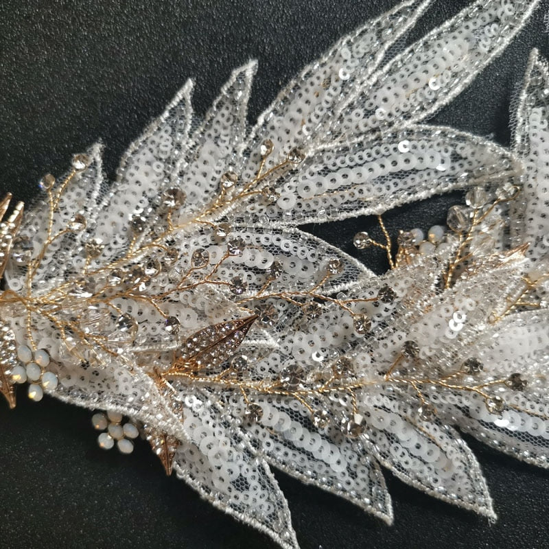 SLBRIDAL Handmade Crystal Rhinestone Lace Leaf Flower Wedding Headpiece