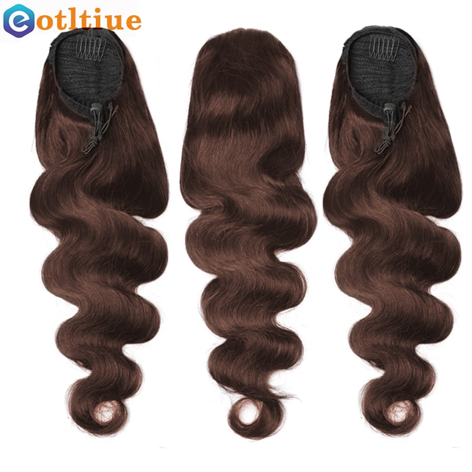 Three long brown wavy drawstring ponytails showing the comb attachment and drawstring in two of them to display construction