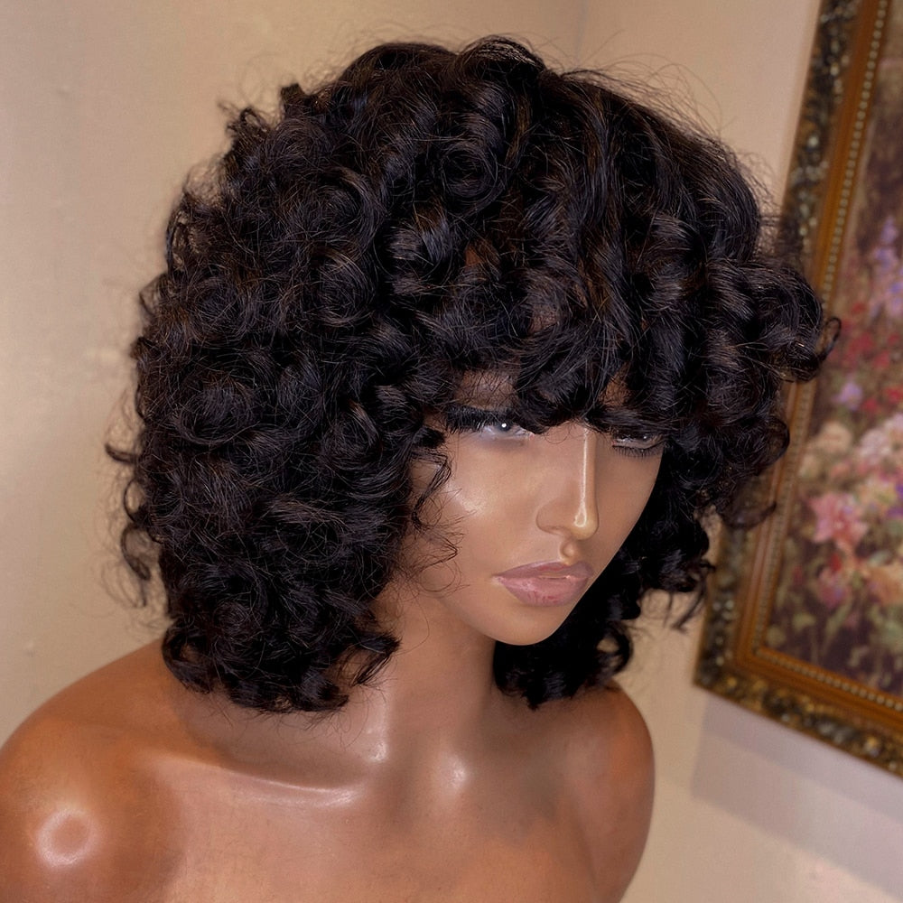 Funmi Human Hair Wig With Bangs Full Machine Made Deep Wave Short Egg Rose Curly For Black Women Water Virgin Brazilian PixieCut - your-beauty-matters