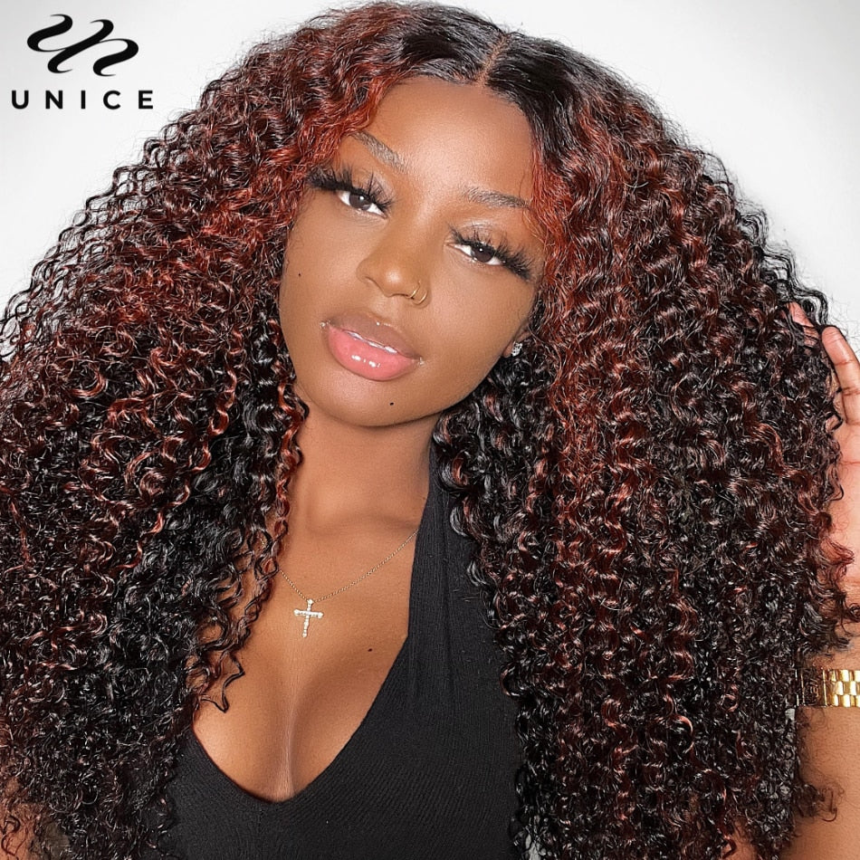UNice Hair 13x4 Lace Frontal Curly Human Hair Wig Natural Color with Reddish Brown Highlights