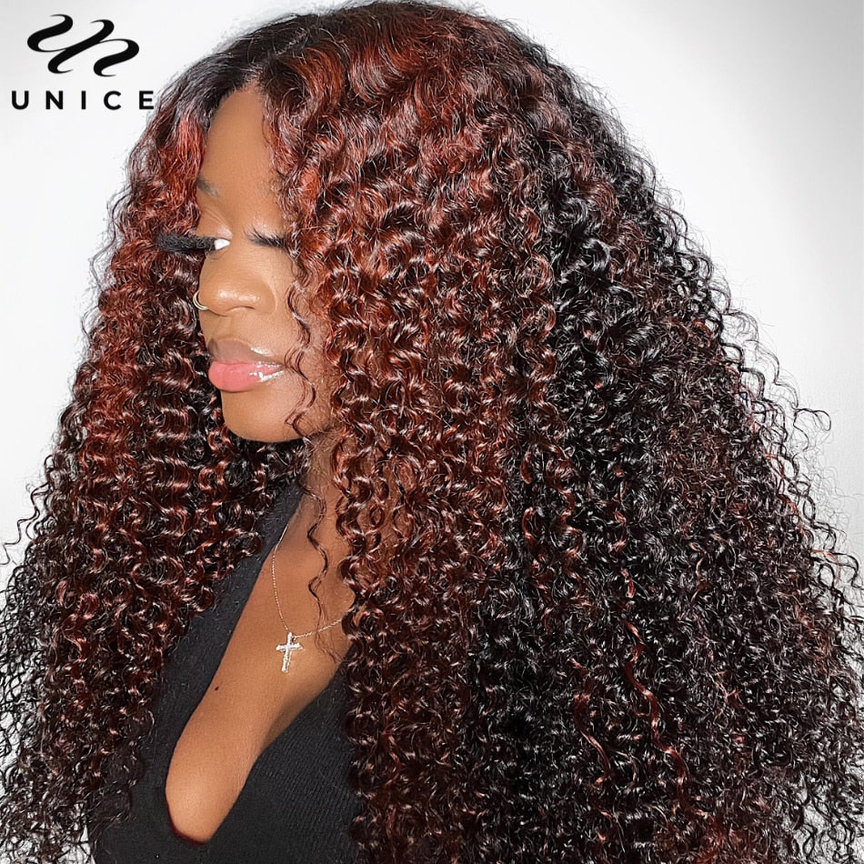 UNice Hair 13x4 Lace Frontal Curly Human Hair Wig Natural Color with Reddish Brown Highlights