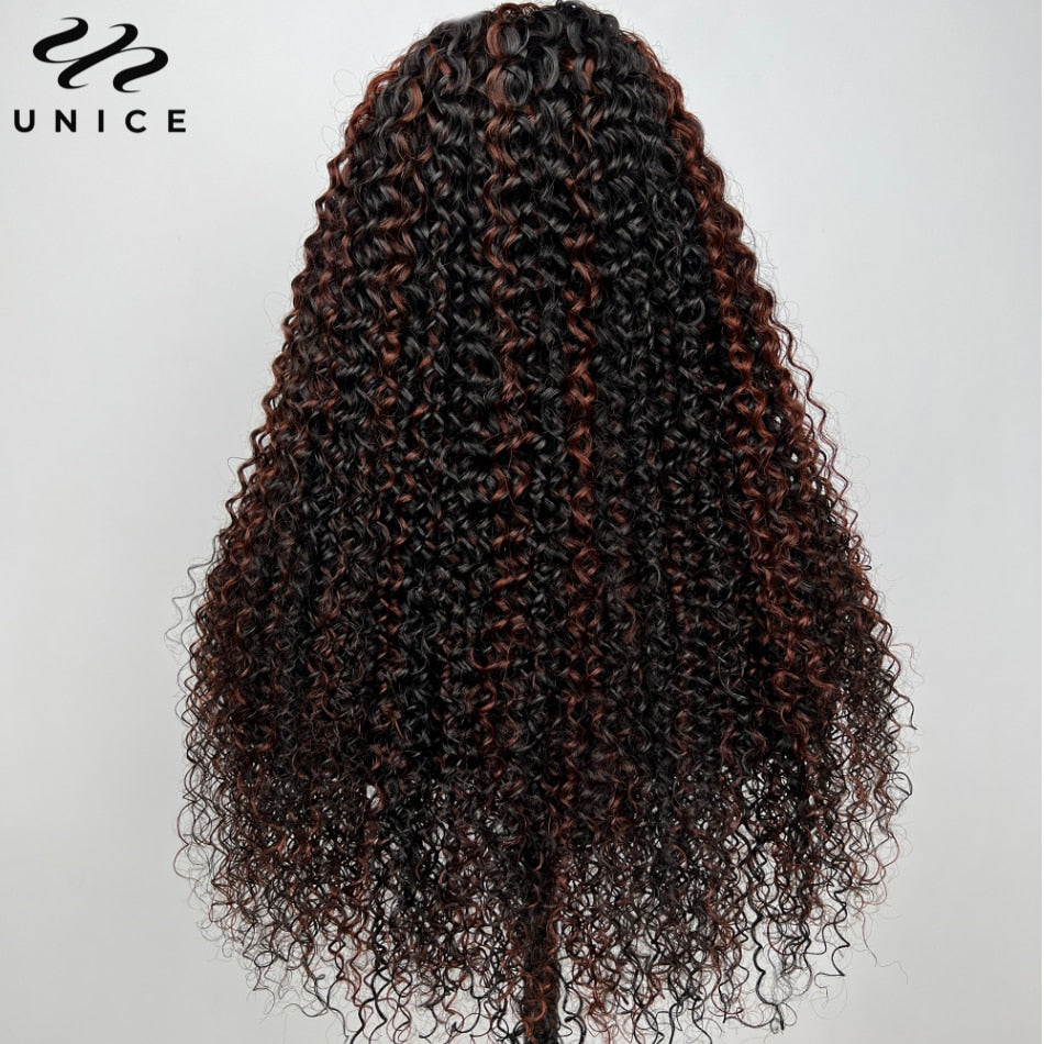 UNice Hair 13x4 Lace Frontal Curly Human Hair Wig Natural Color with Reddish Brown Highlights