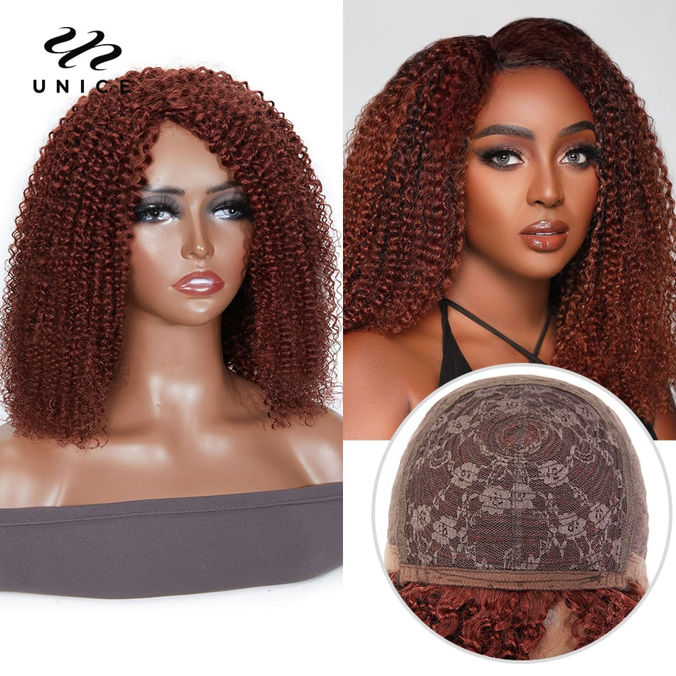 Unice Kinky Curly Human Hair Glueless Bob Wig Color 33
