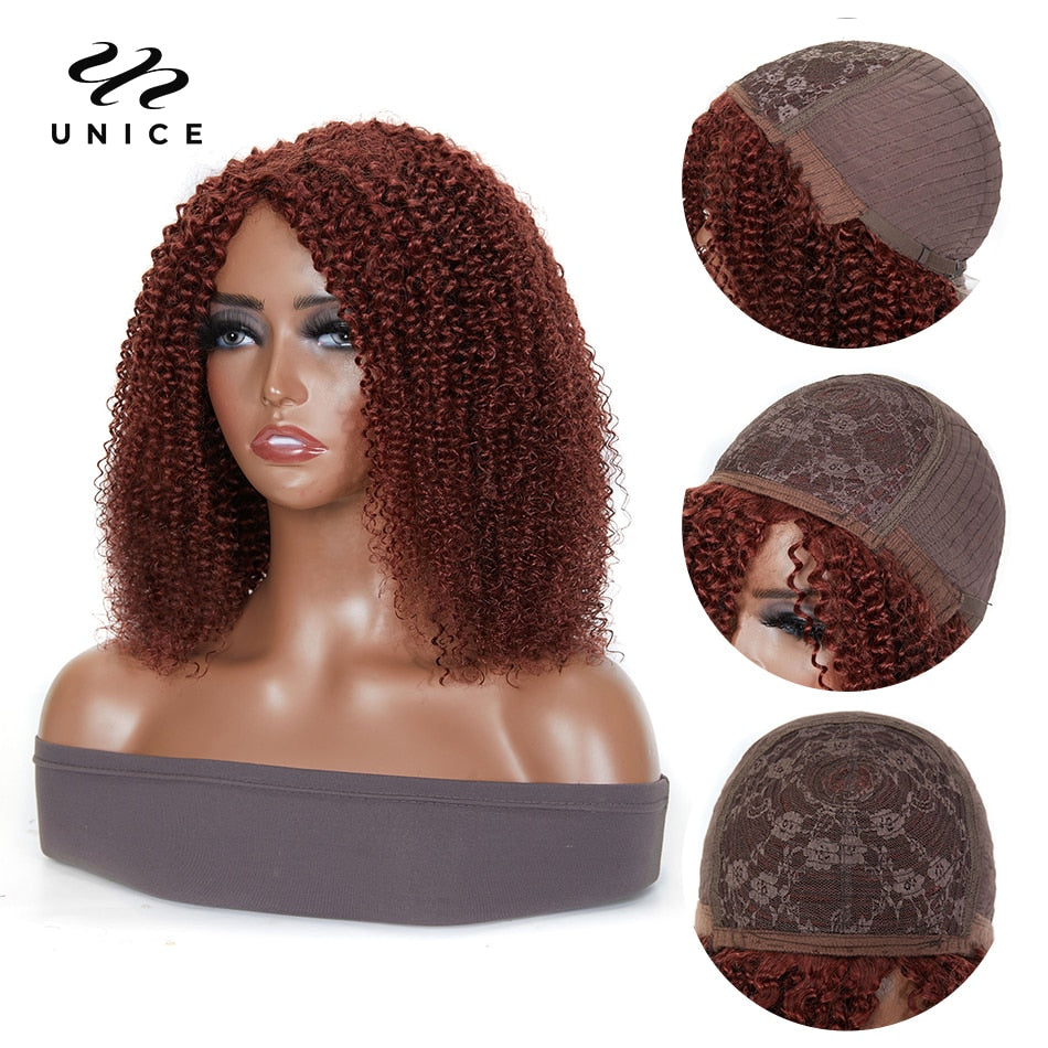 Unice Kinky Curly Human Hair Glueless Bob Wig Color 33