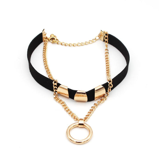 Golden Color Round Pendant Black Rope Cord Necklace