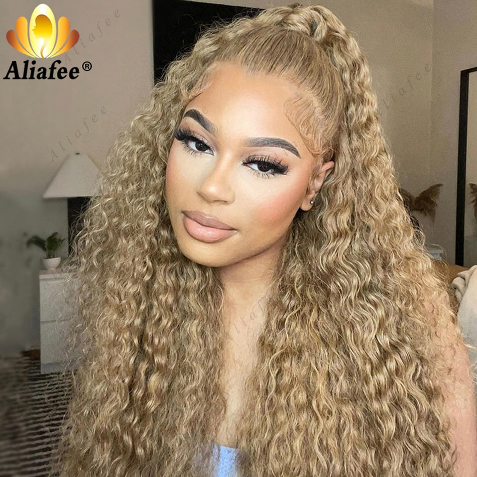 Aliafee Honey Blonde Color Kinky Curly Human Hair Lace Front Wig