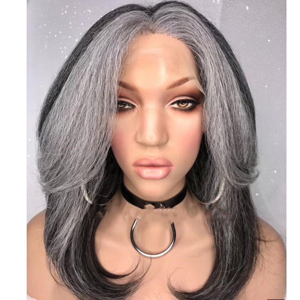 Gray Lace Wig Gray Bob Lace Front Human Hair With Highlights - Salt And Pepper Wig