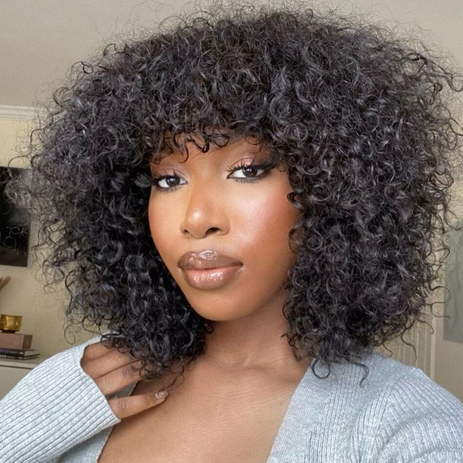 DreamDiana 100% Malaysian Hair Bob Curly Lace Frontal Wigs With Bangs 200 Density 10A Human Hair Kinky Curly