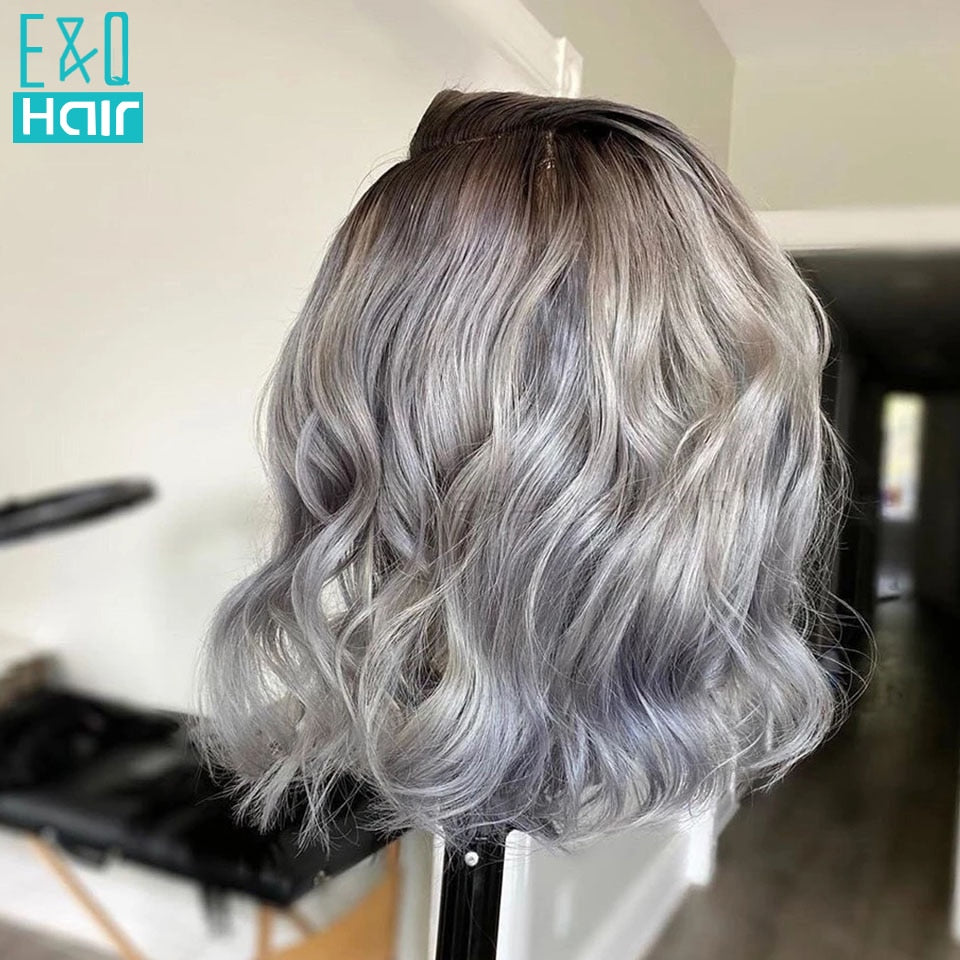 1b/grey Short Bob Lace Front Wig Human Hair Wigs - Ombre Colored Brazilian Pre Plucked
