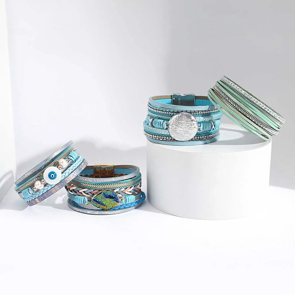 ALLYES Boho Blue Multilayer Braided Leather Bracelet