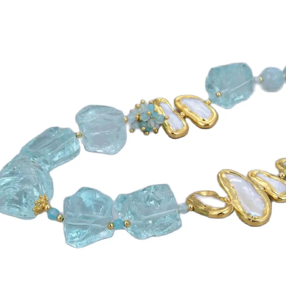 GG Jewelry Natural Blue Glass Quartz Rough White Biwa Freshwater Pearl Round Agates Choker Necklace 21"