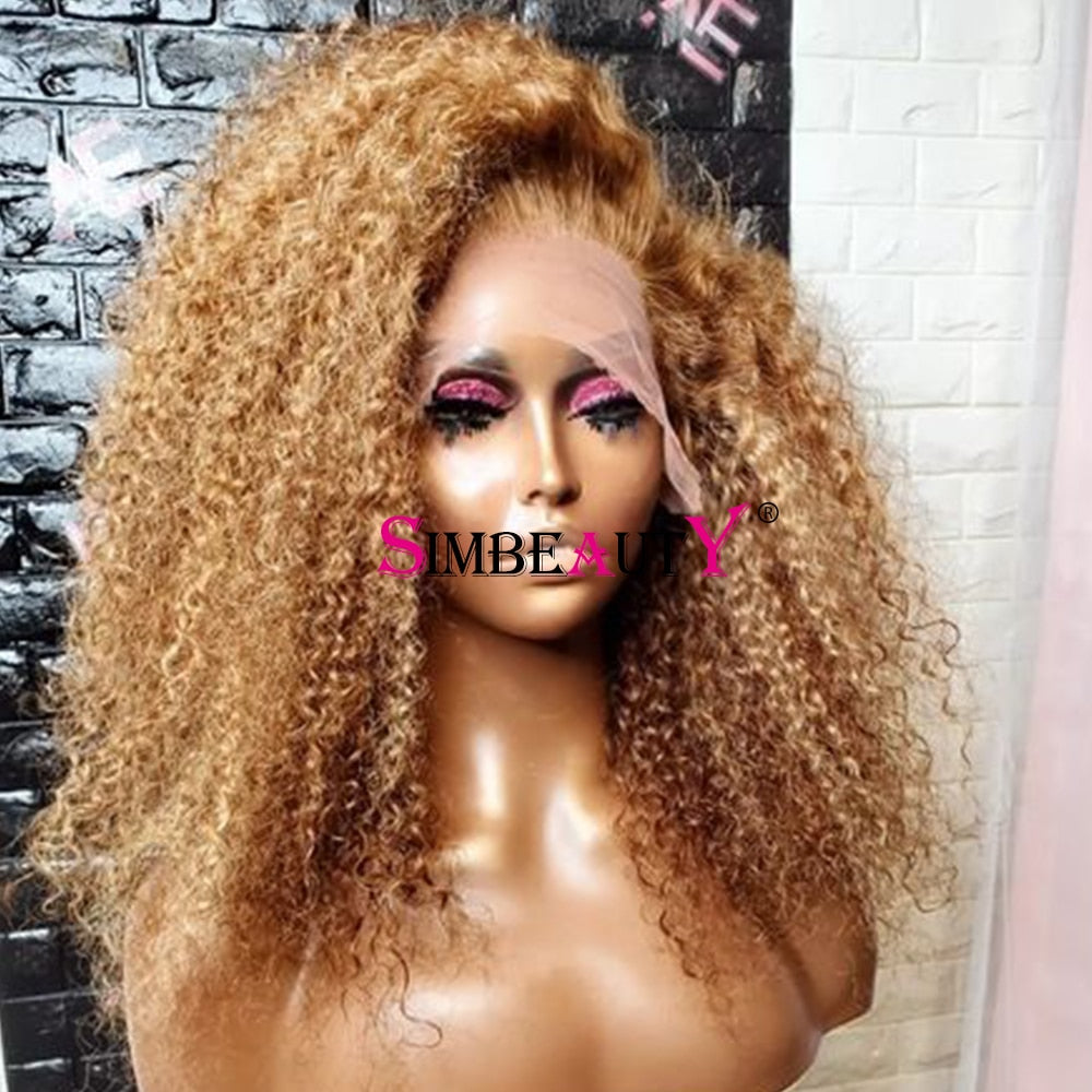 Honey Blonde Afro Kinky Curly 13x6 Hd Lace Frontal Human Hair Wigs - Indian Bleached Knots Remy Ginger Brown