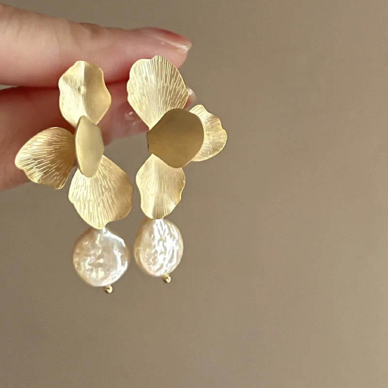 Minar Statement Fashion Gold Color Flower Petal Long Drop Earrings