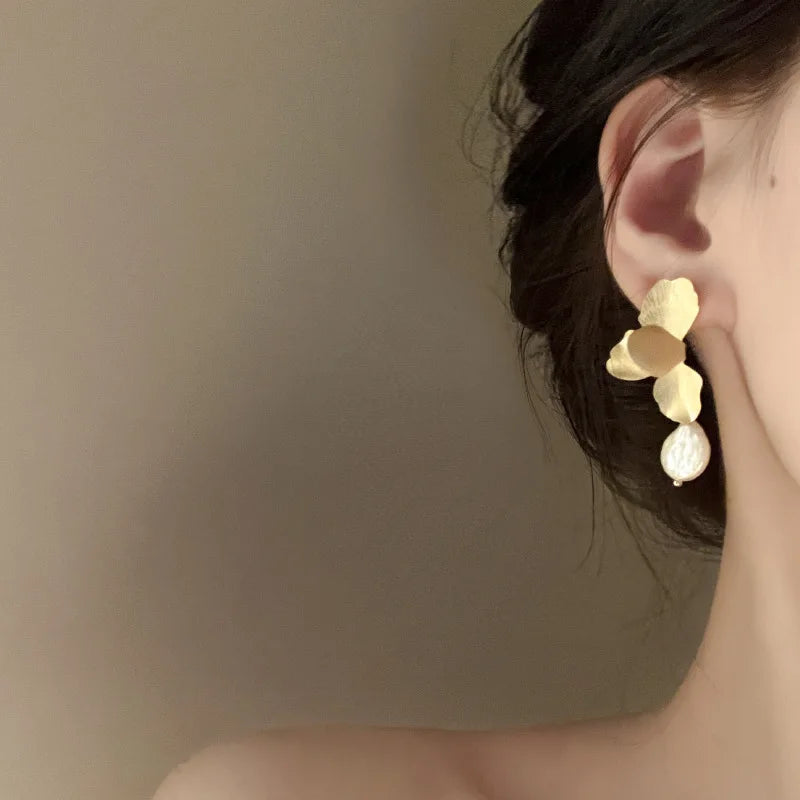 Minar Statement Fashion Gold Color Flower Petal Long Drop Earrings