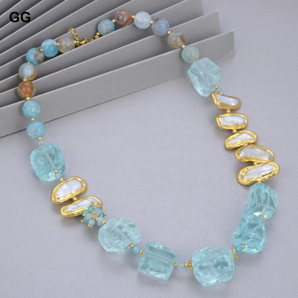 GG Jewelry Natural Blue Glass Quartz Rough White Biwa Freshwater Pearl Round Agates Choker Necklace 21"