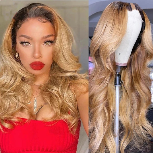 Ombre Honey Blonde Body Wavy V Part Wigs Middle/side Open 100% Human Hair