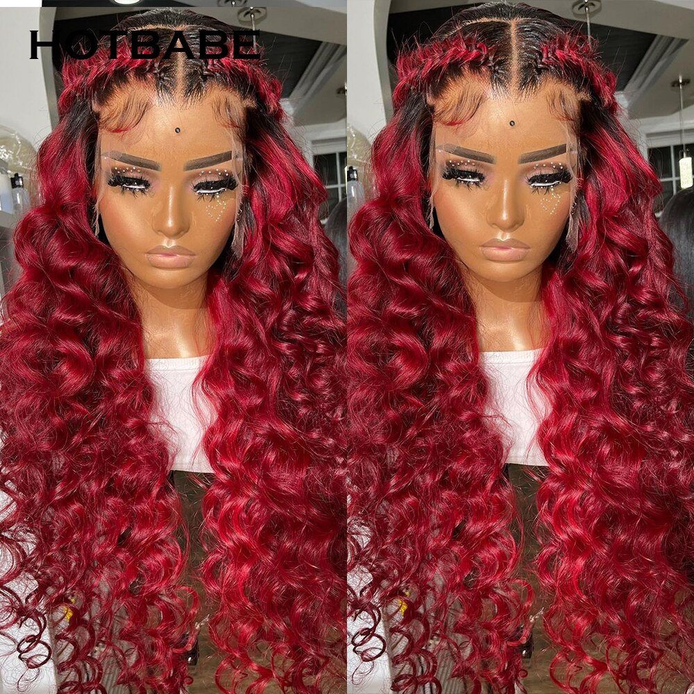 1B 99J Burgundy Loose Curly Wave Lace Frontal Wig Brazilian Pre Plucked