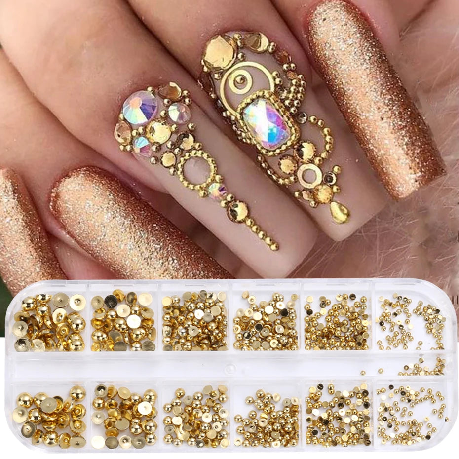 12 Grids Gold Silver Half Round Bead Nail Decoration Mixed Size
