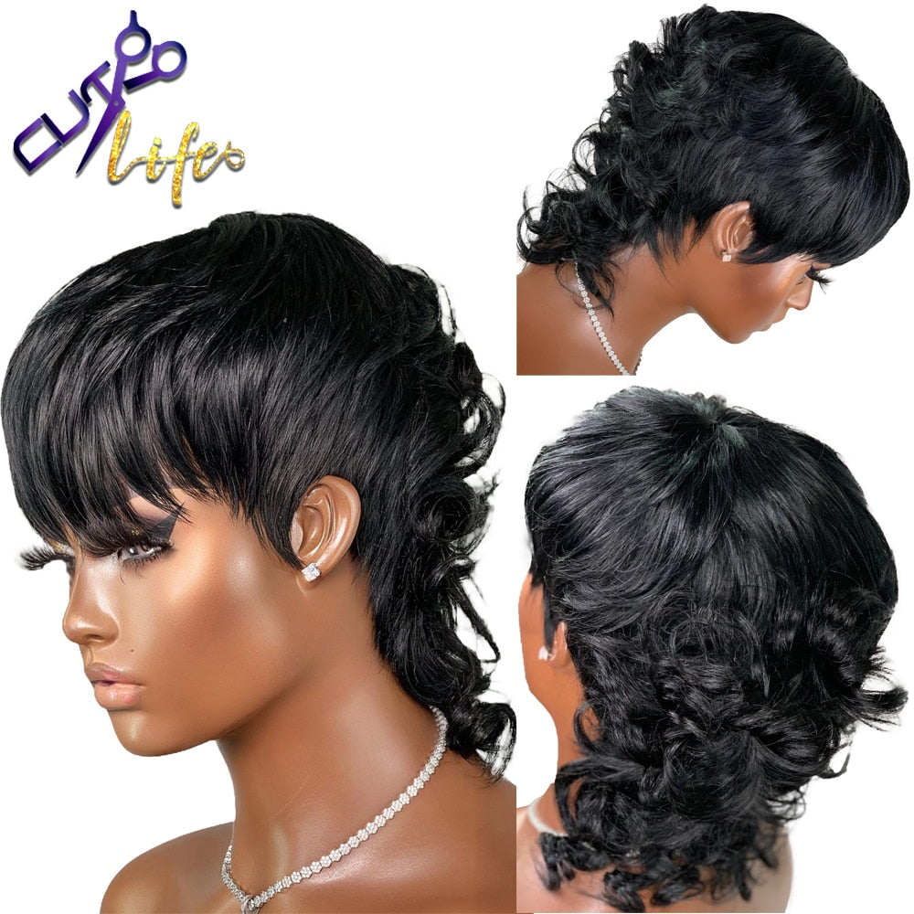 Short Pixie Cut Wig With Bangs Brazilian Remy Loose Wave Human Hair