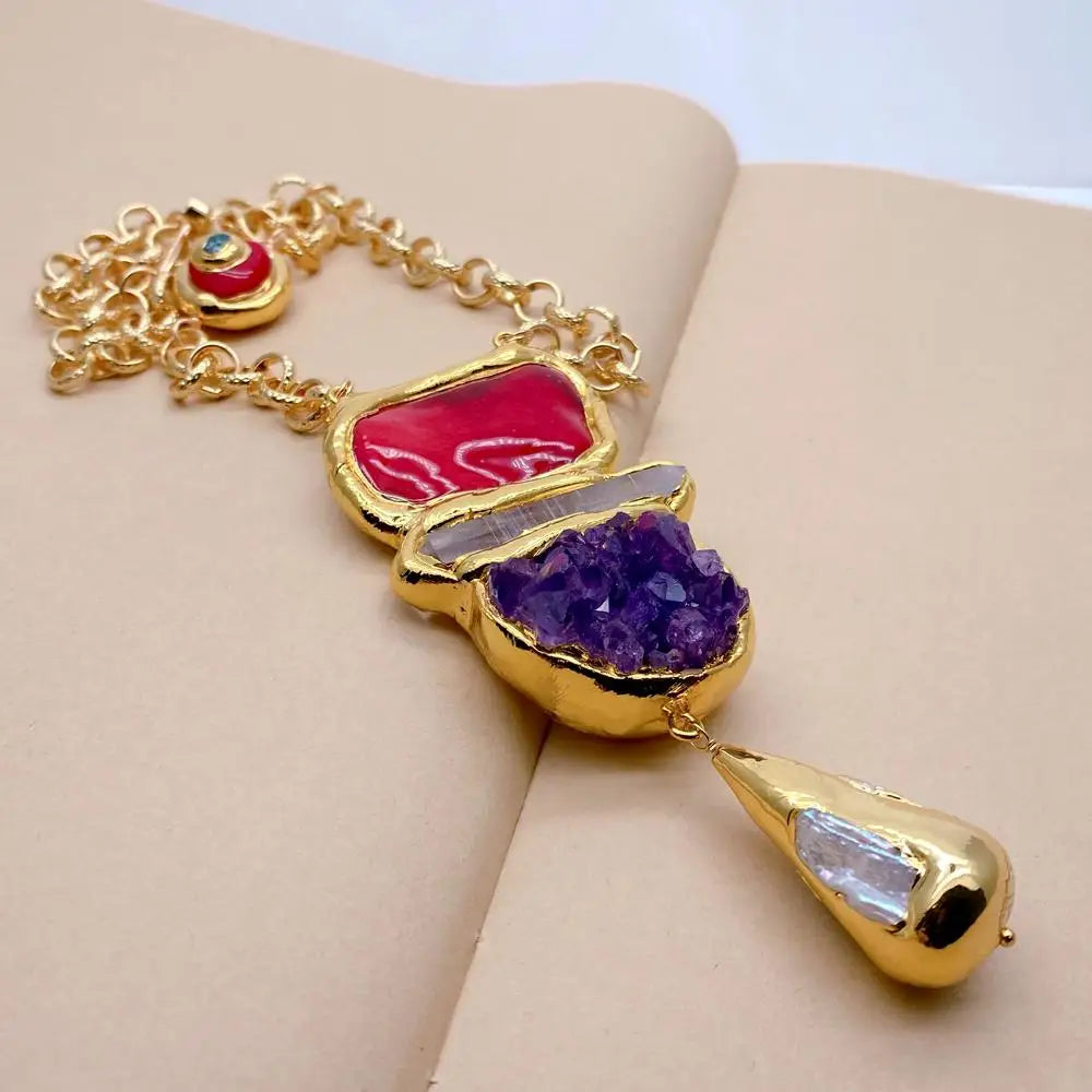 Y·YING Red Coral Amethyst Druzy White Quartz Biwa Pearl Pendant Gold Plated Necklace