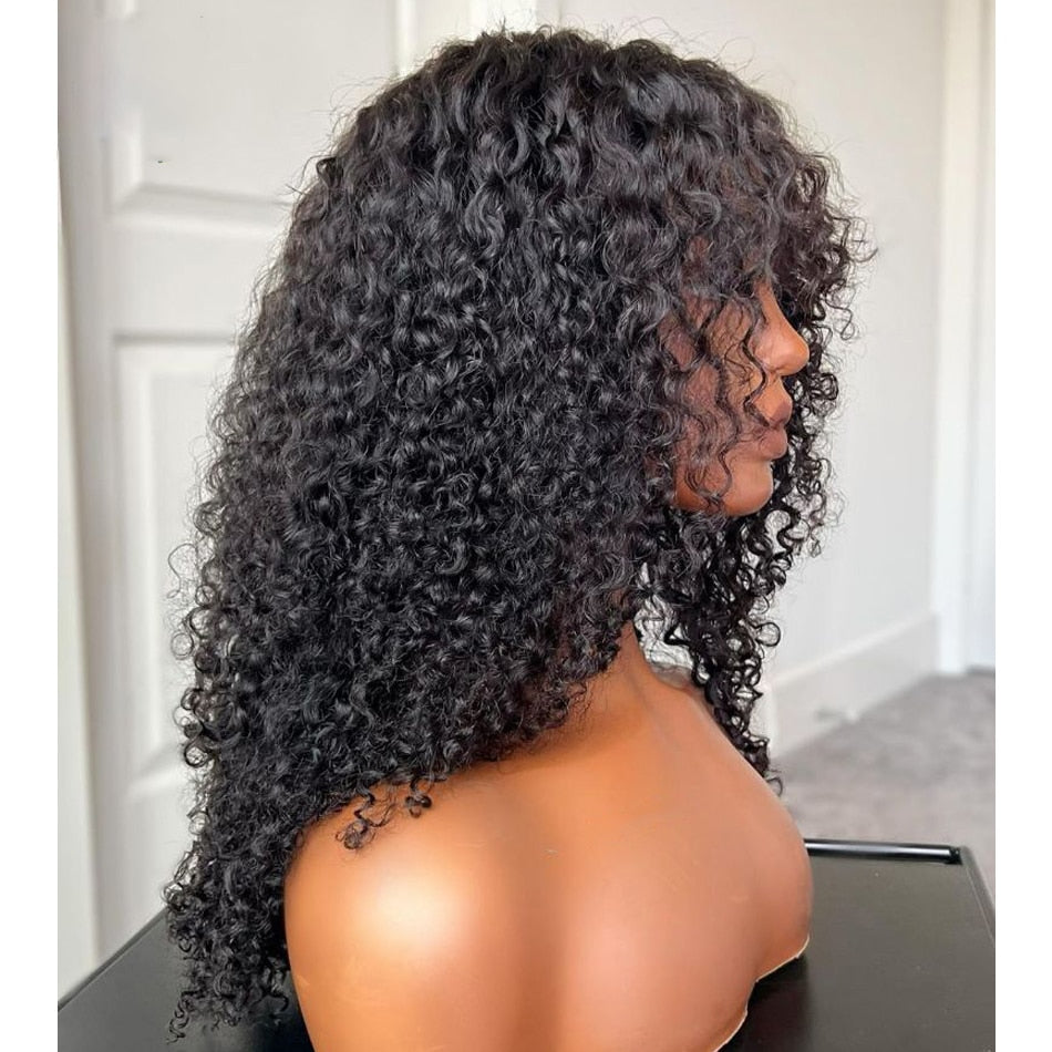 Soft Natural Black 26 Inch Long Kinky Curly Machine Wig With Bangs - Synthetic Wigs