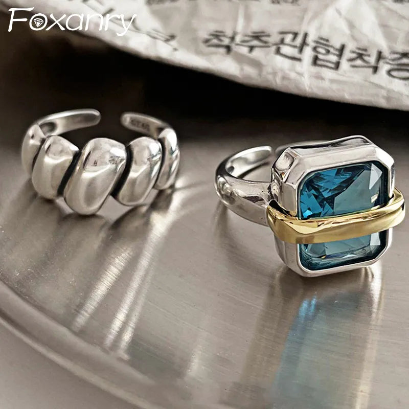 Foxanry Blue Zircons Vintage Handmade Irregular Geometric Rings