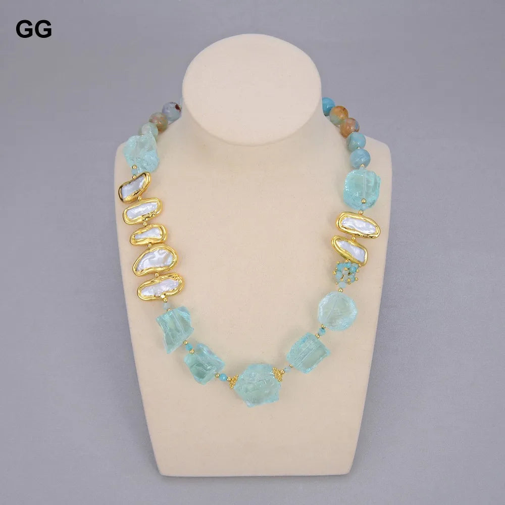 GG Jewelry Natural Blue Glass Quartz Rough White Biwa Freshwater Pearl Round Agates Choker Necklace 21"